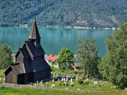 Urnes Stave Church from hill HDR