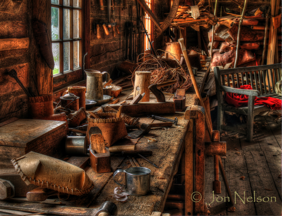  down a work bench in the canoe shed at Old Fort William. (HDR image